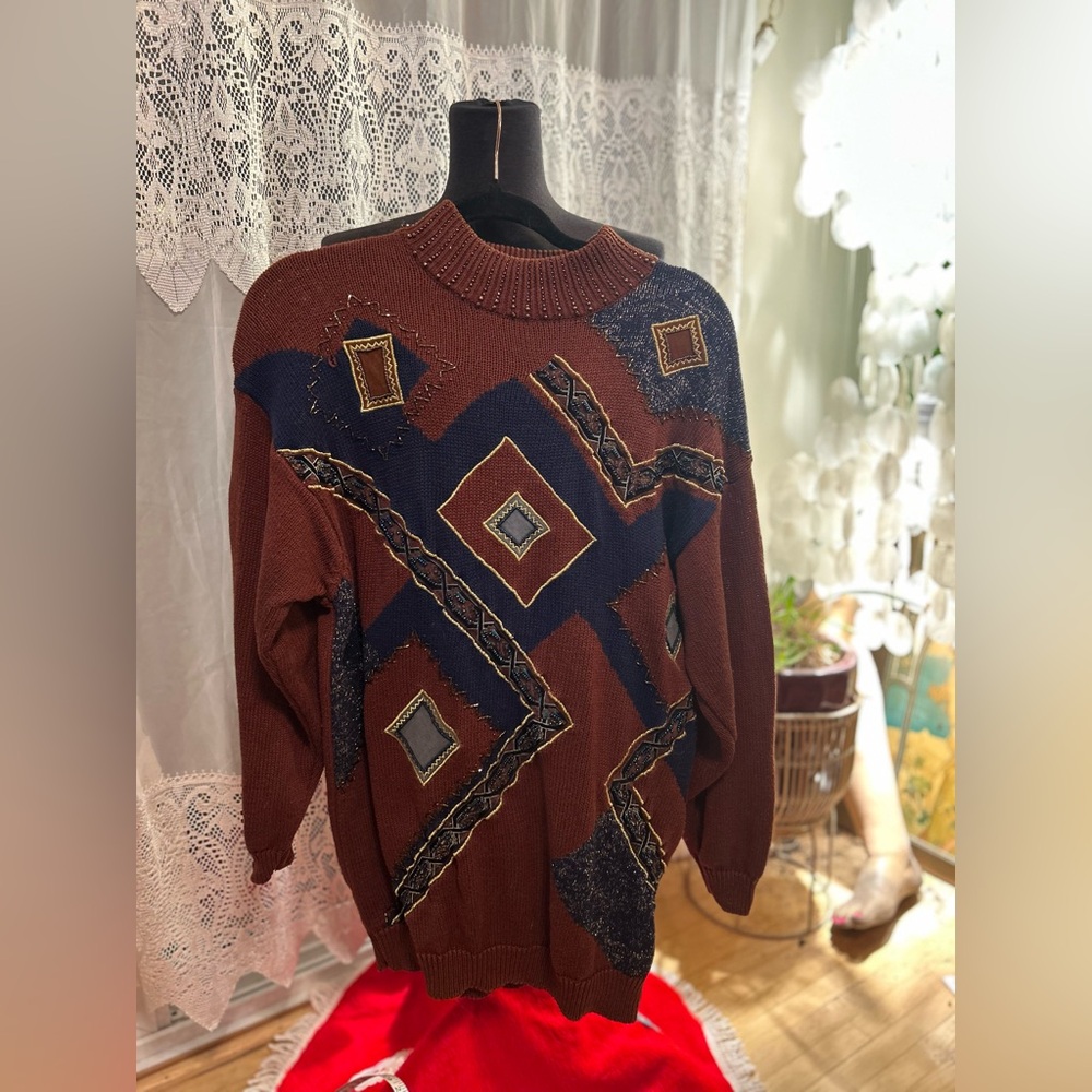 Vintage Diffusion Geometric Beaded Sweater Americana western Christmas